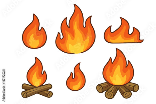 Set of cartoon fire and flame icons. Vector campfire and bonfire elements. Simple flat illustration for design. Burning hot blaze symbols collection. Isolated log fire graphic.