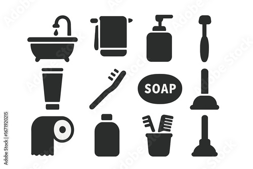 Bathroom essentials vector icon set. Solid black silhouette symbols for hygiene and personal care. Toiletries collection with bathtub, soap, toothbrush, towel, toilet paper.