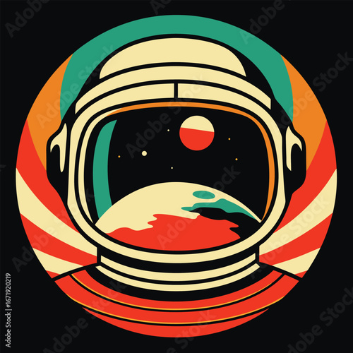 Retro Astronaut Helmet Featuring Cosmic Scenery in Visor Emblem T-Shirt Design