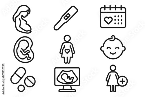Maternity and Pregnancy Outline Icon Set for Healthcare, Baby Planning, Prenatal Care, Ultrasound, Fertility, Motherhood, and Newborn Baby Vector Cartoon Illustration