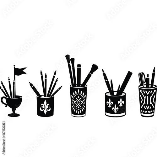 Five black silhouette pen holders with writing instruments
