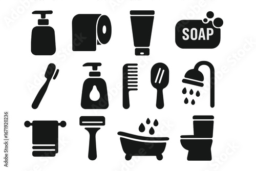 Bathroom essentials solid icons set. Toiletries and hygiene glyph symbols collection. Vector silhouette illustration of personal care items like soap, toilet, shower, and razor.