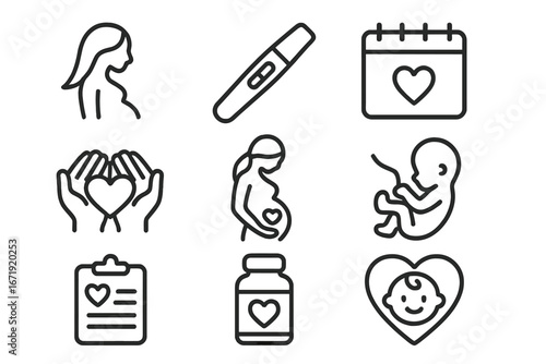 Maternity and Pregnancy Outline Icon Set, Healthcare and Baby Planning Vector Collection, Mother and Infant Health Symbols, Prenatal Care, Child Development Icons, Transparent Background