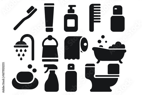 Bathroom essentials solid icons set. Toiletries and hygiene symbols collection. Vector silhouette illustration of personal care items like toilet, shower, soap, and toothbrush.