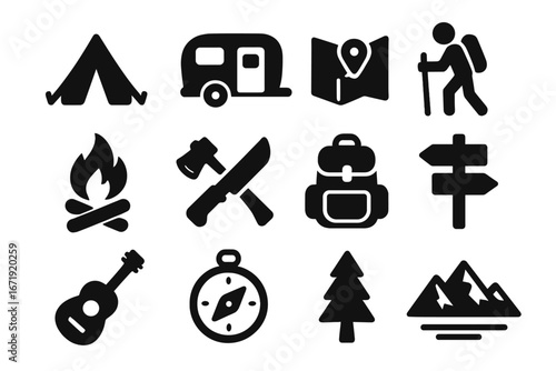 Vector collection of camping and hiking silhouette icons. Outdoor adventure and travel symbols. Set includes tent, campfire, map, compass, backpack, mountains, and camper van.