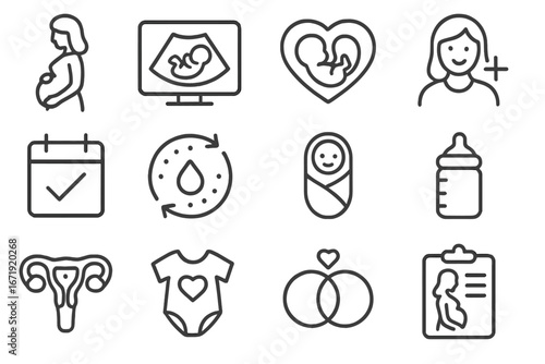 Maternity and Pregnancy Outline Icon Set, Healthcare and Baby Planning Vector Collection, Cartoon Illustrations with Transparent Background, Organized Medical Symbols for Mother and Newborn Care