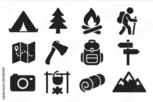 Camping and outdoor adventure icon set. Solid glyph symbols for hiking, travel and tourism. Vector collection of flat design elements: tent, fire, mountain, map, axe, backpack.