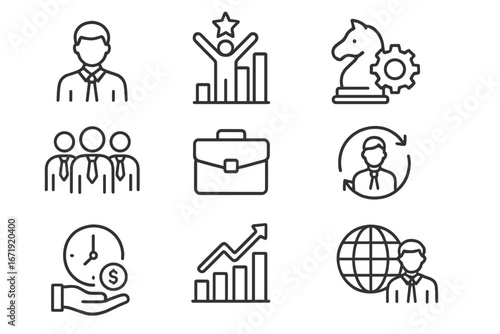 Business management icons set. Line symbols for corporate strategy, teamwork, success and growth. Vector pictograms for global business, finance, time management and leadership.