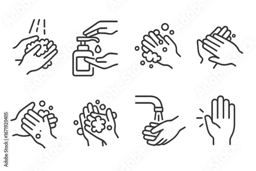 Hand washing instructions line icon set. How to wash hands properly step-by-step guide. Hygiene, health, and sanitation concept for virus, germ, and bacteria prevention.