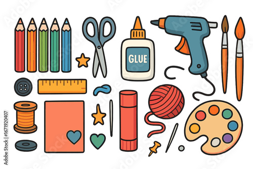 Colorful Crafting Supplies and Creative Tools for DIY Projects in a Vibrant Workshop Setting, Vector Cartoon Illustration with Pencils, Glue, Paintbrushes, Scissors, Yarn, Palette