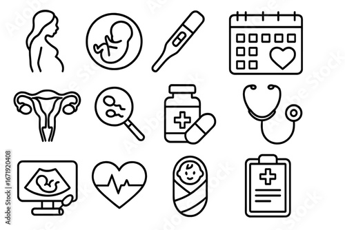 Medical pregnancy line icon set, healthcare motherhood symbols, fetal development essentials vector, prenatal care illustration, maternity and newborn health icons