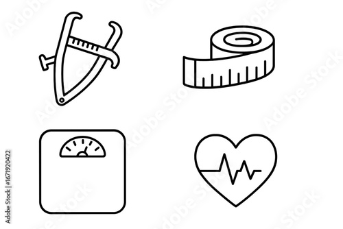 Health assessment vector line icon set. Fitness tools for client checkup. Body fat caliper, tape measure, weight scale, and heart rate symbol. Nutrition, diet, and body measurement.