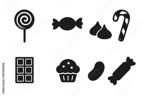 Sweet food silhouette icon set. Candy, confectionery and dessert collection. Vector graphic of sweets, lollipop, chocolate bar, candy cane, cupcake. Sweet treats design.