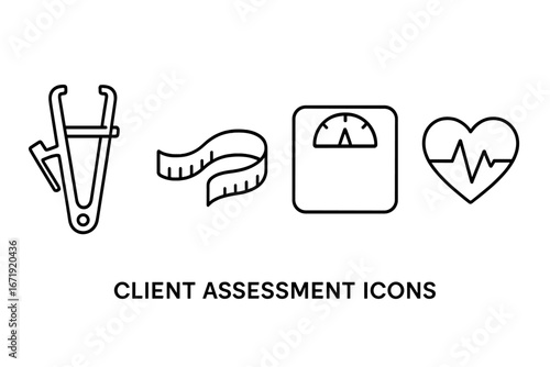 Client assessment tools icon set. Body fat caliper, tape measure, weight scale, heart rate. Vector outline symbols for health, fitness, diet, nutrition, wellness, and weight loss.