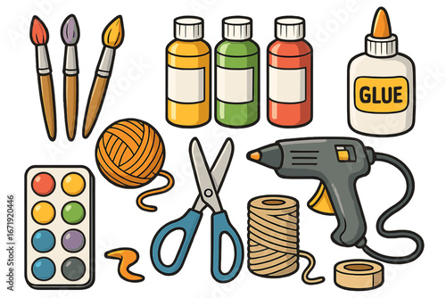 Crafting Tools and Materials for Creative Projects Including Paint, Yarn, Glue, Scissors, Hot Glue Gun, and Tape. Vector Cartoon Illustration with Transparent Background, Organized Set