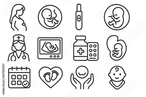 Medical pregnancy line icon set healthcare motherhood fetal development essentials prenatal care embryo fetus ultrasound healthcare symbols vector