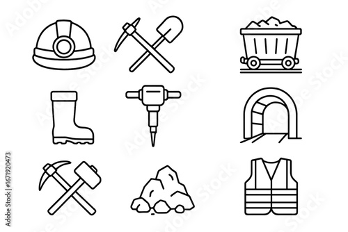 Mining Tools Outline Icon Set with Safety Equipment, Industry Gear, Digging and Tunnel Elements, Vector Cartoon Illustration Collection with Transparent Background, Ordered Set 2