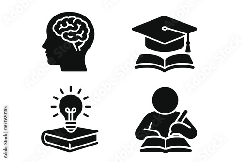 Concept of cognition, learning, education, intelligence. Brain, graduation, idea, study icons. Psychology, knowledge, school, university. Vector silhouette symbol set.