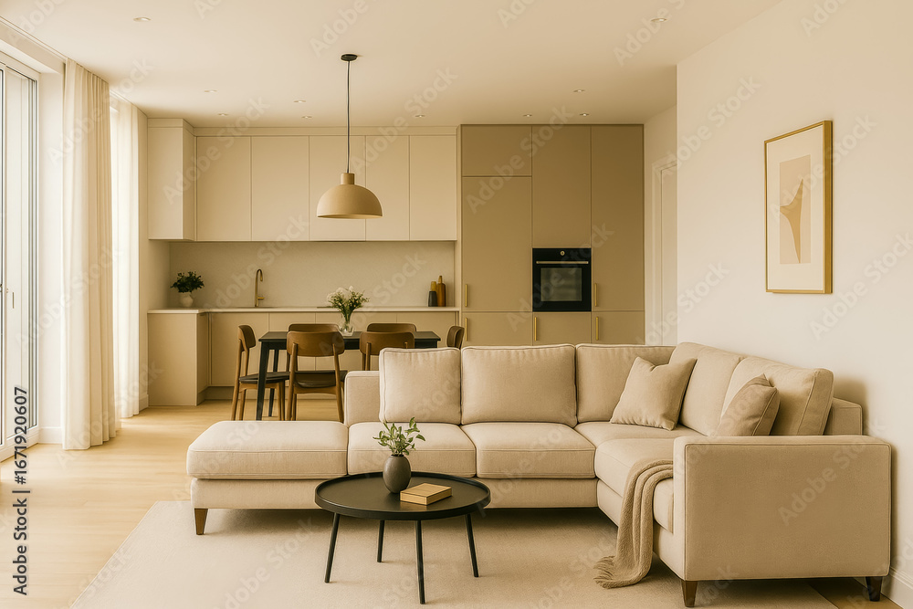 Fototapeta premium Modern living room interior with kitchen in cozy tones