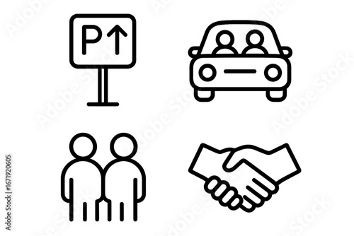 Carpool icons set. Ride sharing and carpooling concept. Outline vector icons of meeting point sign, shared car, passengers and handshake agreement for eco transportation.