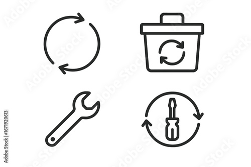 Circular economy icons. Outline icon set of concepts like loop arrows for recycling, take-back box, repair wrench, and refurbish screwdriver. Sustainable vector graphics.