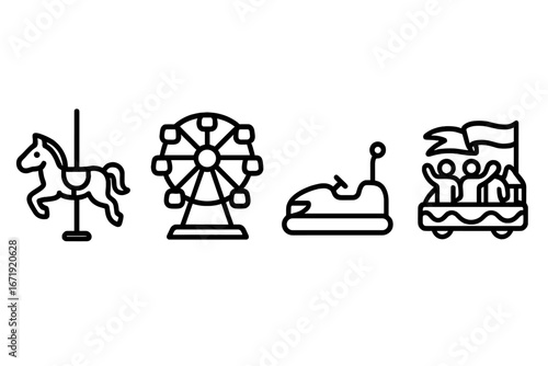 Carnival rides and amusement park line icon set. Funfair entertainment concept. Vector graphic symbols of a carousel horse, ferris wheel, bumper car, and parade float design.