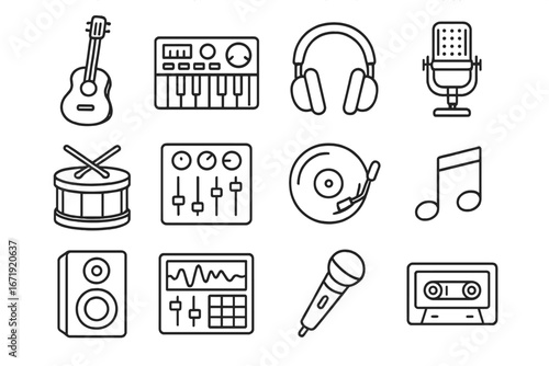 Music Production Icon Set, Instruments and Recording Tools, Line Style Vector Collection, Cartoon Music Equipment Illustration, Transparent Background, Ordered Set