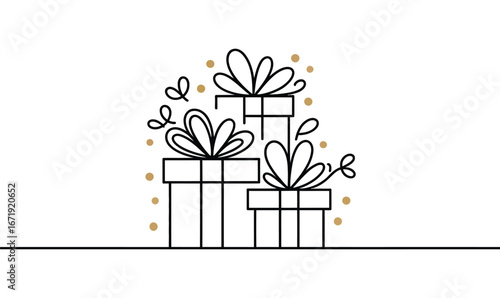 Minimalist line art of three gift boxes with ribbons and decorative accents, symbolizing celebration, holidays, birthdays, and gifting
