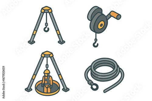 Confined space rescue equipment icon set. Isometric vector of safety tripod, winch, hoist, and retrieval cable. Industrial worker entry and emergency evacuation symbols illustration.