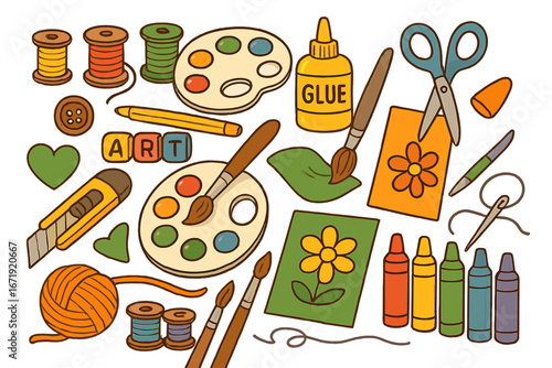Crafting tools and supplies flat lay, creativity and artistry essentials, colorful vector cartoon illustration with paints, brushes, scissors, glue, yarn, markers, sewing elements