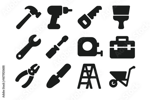 Construction tools glyph icon set. Solid black pictograms for building, repair, and DIY projects. Hammer, drill, saw, wrench, toolbox. Workshop, handyman, carpentry vector signs.