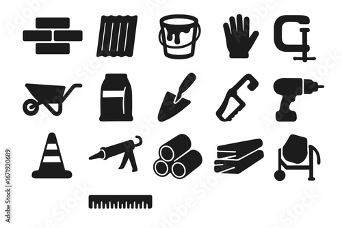 Construction materials and building tools solid icon set. DIY hardware equipment silhouette collection for renovation and repair. Vector graphic resource with essential items.
