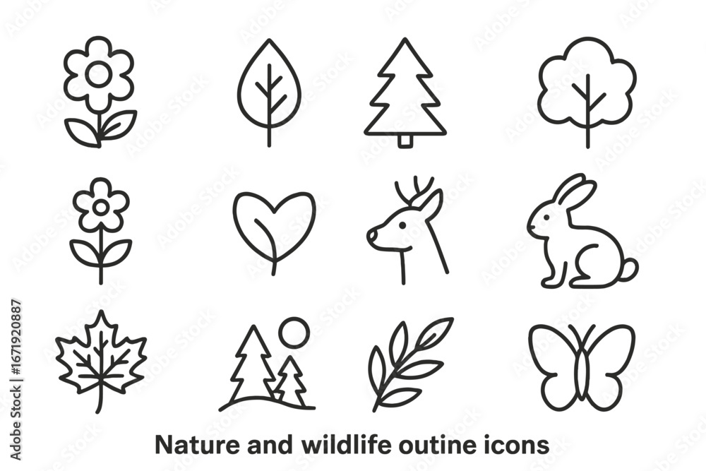 Fototapeta premium Nature and Wildlife Outline Icon Set, Floral Leaf Forest Elements in Line Style, Vector Cartoon Illustration with Transparent Background, Ordered Set 4