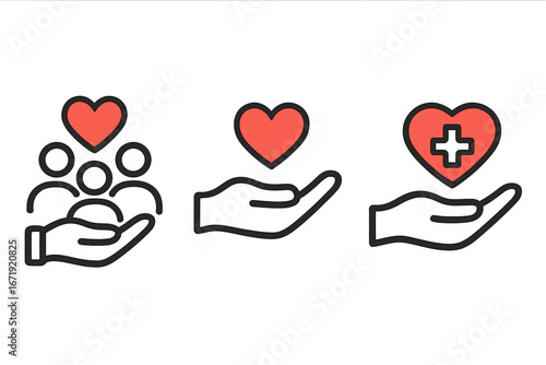 Community support, donation, and health services icon set. Vector symbols for charity, volunteering, and social work. Hand holding heart, people group, and medical cross signs.