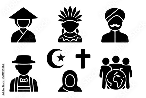 Cultural diversity silhouette icons set. Traditional ethnic people and global religion symbols. Vector illustration for multiculturalism, community, equality, and social issues.