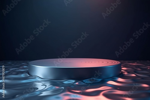 Abstract podium stage with reflective water and neon glow
