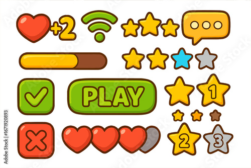 Game UI kit with cartoon buttons and icons. Vector assets for mobile app interface. Play, heart, star rating, progress bar, level up, health elements. GUI design set illustration.