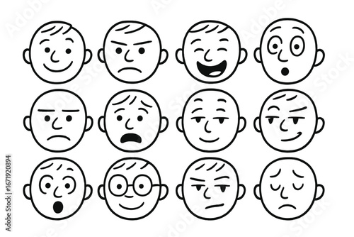 Set of cartoon facial expressions. Simple line art emoji collection. Vector icons of various emotions like happy, sad, angry. Avatar character head creator kit for doodle design.