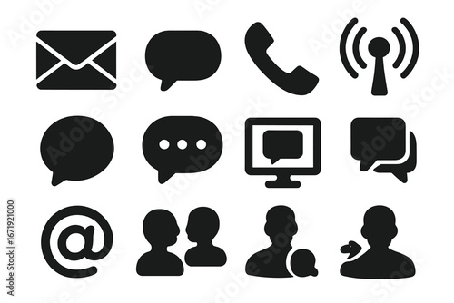 Communication icon set with solid glyph symbols. Vector collection of messaging, contact, and interaction silhouettes including email, chat bubble, phone, and user profile.