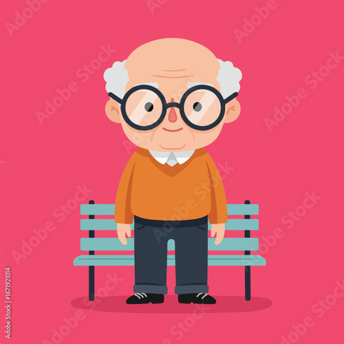 Cartoon Old Man Standing Near Bench in Park