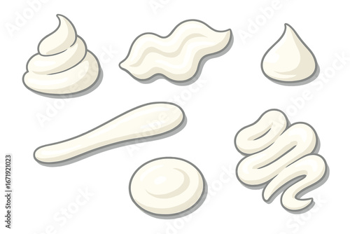 Set of white cream, mayonnaise or cosmetic lotion smears. Vector illustration of different shapes and textures. Food sauce, sour cream, yogurt or gel blobs and swirls collection.