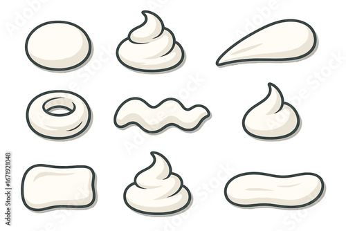 Set of white cream shapes. Cosmetic lotion or food product texture. Vector cartoon illustration of swirls, drops and smears. Dairy product, foam or gel collection isolated.