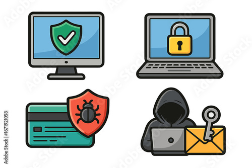 Cybersecurity icon set vector. Hacker phishing attack, virus protection, data privacy & computer security. Credit card fraud, password lock & antivirus shield concepts.