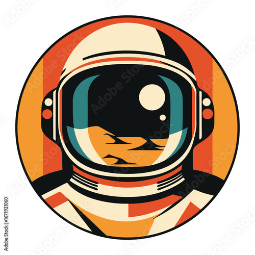 Retro Spaceman Emblem with Earth Reflection, Cosmic Travel Illustration