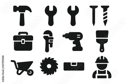 Construction solid icons set. Repair and maintenance tools symbols. Builder, hammer, wrench, drill, saw, toolbox. Carpentry, DIY, and hardware equipment glyph collection.
