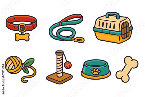 Cute colorful illustrations of pet accessories including collars, leashes, carriers, toys, scratching posts, bowls, and bones in a fun vector cartoon style for pet care and animals