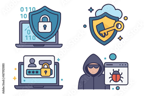 Cybersecurity vector icon set. Digital protection, privacy, data security concept. Hacker, virus, malware, login, password, shield, key and cloud access cartoon icons.