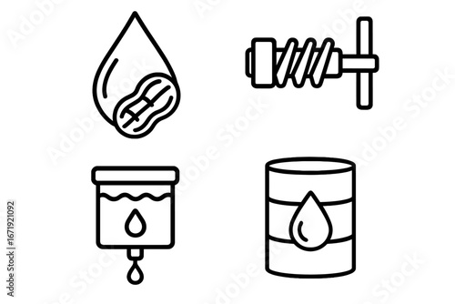 Peanut oil production outline icons. Earthnut oil extraction and manufacturing process. Vector icon set of cold press, expeller screw, filtration unit, and storage drum.