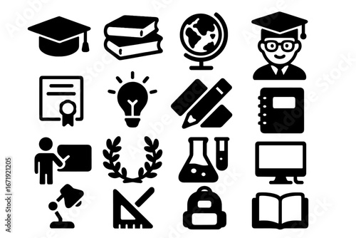 Education solid icon set for school, university. Learning and academia symbols. Graduation, student, teacher, diploma, knowledge, science vector glyph collection. Study tools.