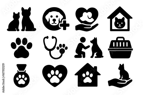 Pet care silhouette icon set, animal veterinary adoption shelter rescue icons, black vector cartoon illustration with transparent background, organized icon collection
